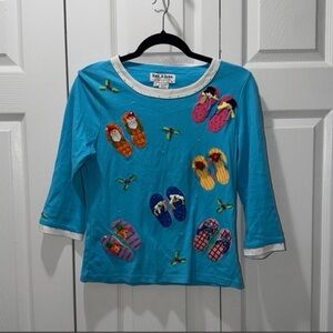 Vtg Jack B Quick Size S C-mas at the Beach Beaded / Embroidered Flip Flop Shirt